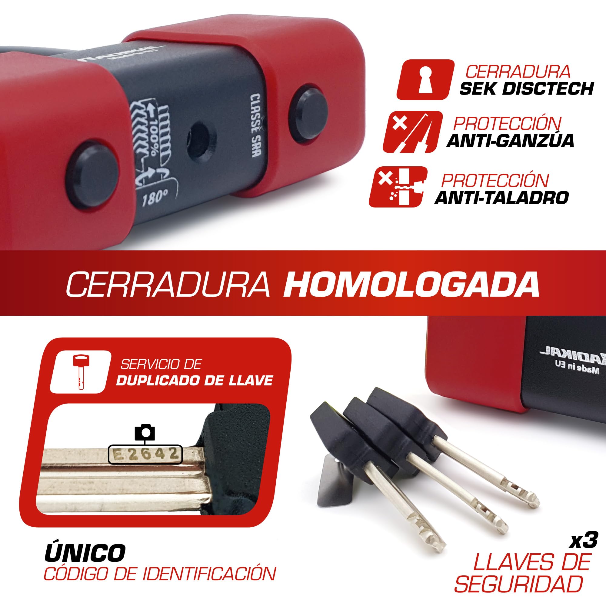 RADIKAL RK75100 Cadena Candado Antirrobo Pesado Premium ø15mm + Mini U, Alta Seguridad Homologada SRA, 100cm Completamente Testada +Visible, Antirobo Multifunción para Disco Freno, Anclaje, Parking