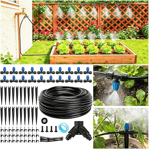 Riboud 110FT Drip Irrigation Kit, Quick-Connect Garden Watering System with 20 Adjustable Misting Nozzles for Garden Greenhouse, Hanging Plants, Raised Beds