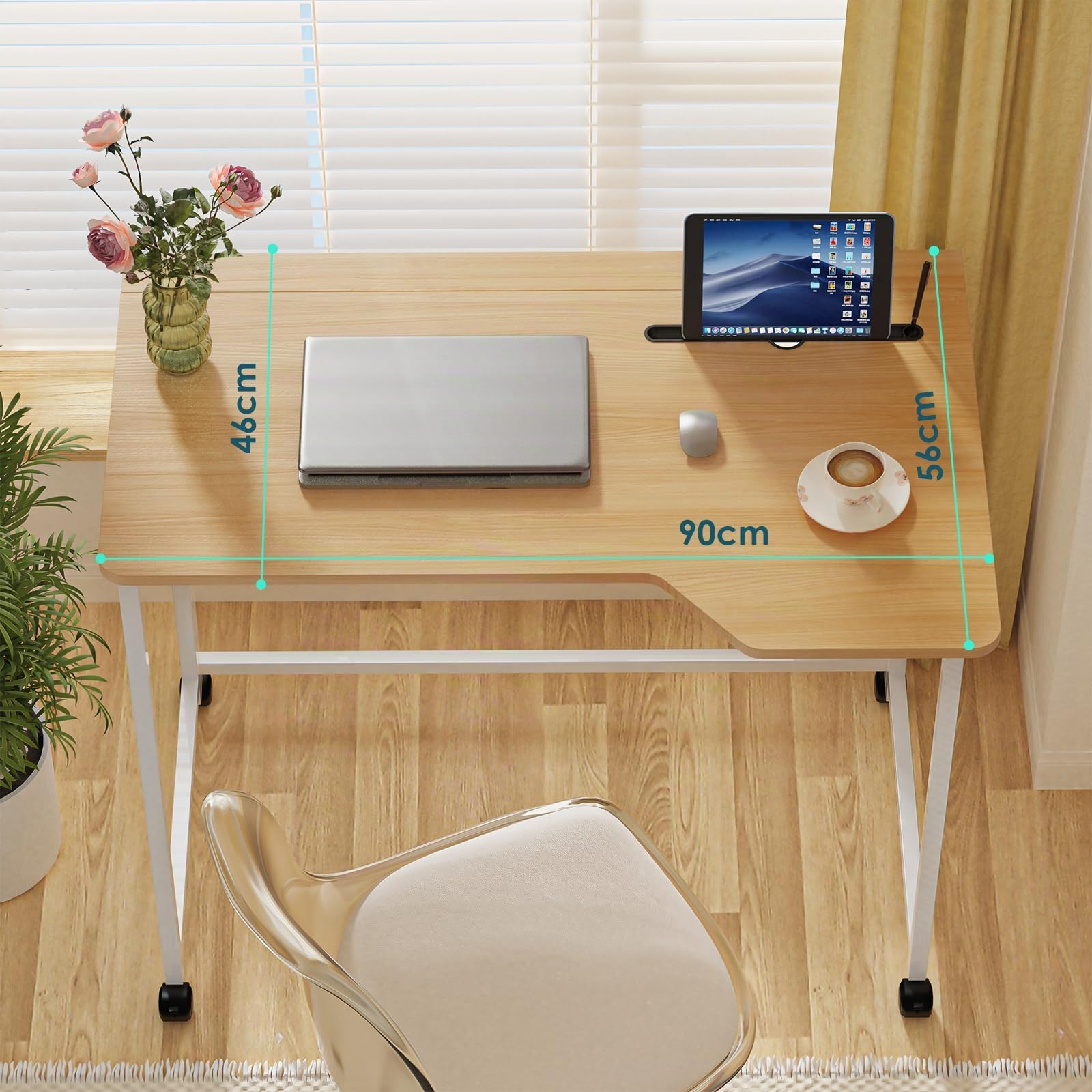 Schreibtisch Klappbar, Eiche Schreibtisch Klappcomputer mit Rollen, Portable Schreibtische Klappbar, Faltbar Schreibtisch für Home Office, Platzsparender Bürotisch zum für Arbeitszimmer