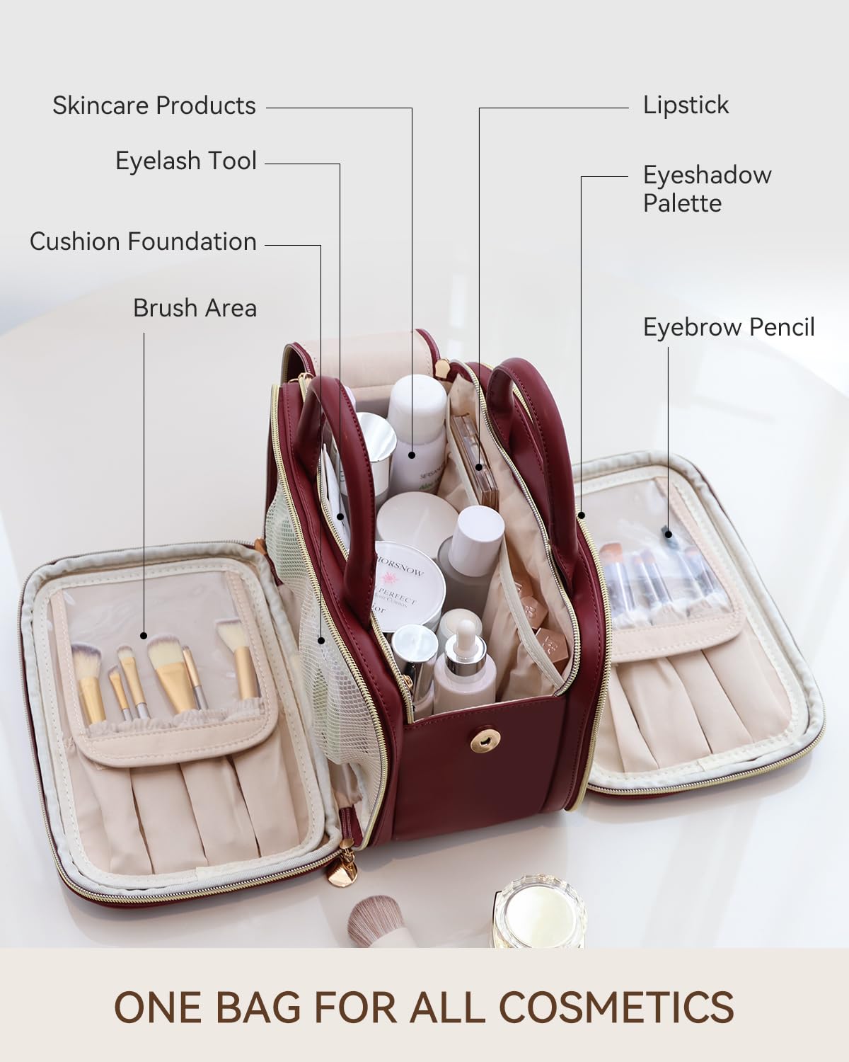 Prite Beauty case da donna, grande capacità, impermeabile, da viaggio, borsa da toeletta aperta e piatta, con supporto per pennelli e manico autoportanti, Borgogna, Large, moderno