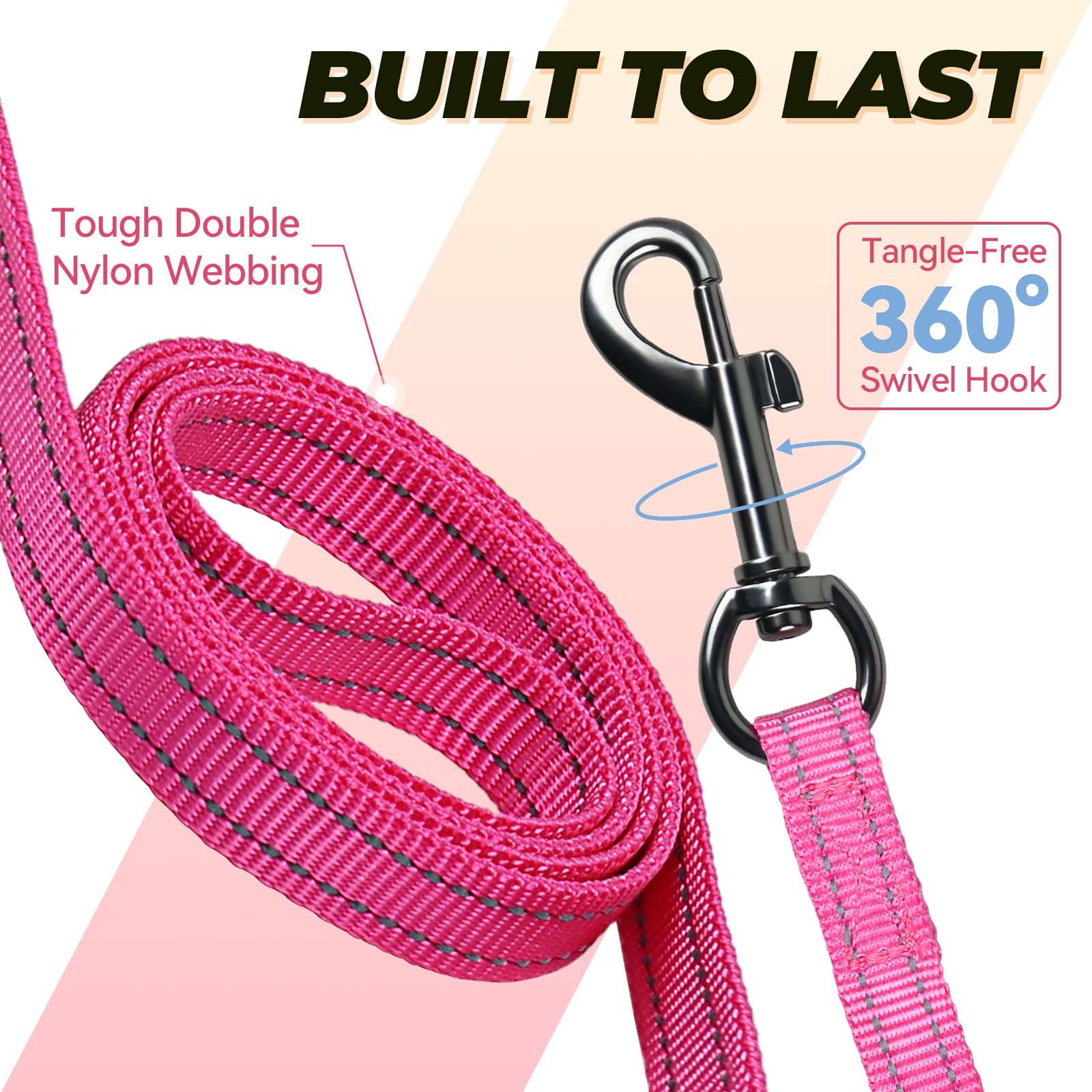 VIVAGLORY Correa de tráfico para Perros, Correa con Dos Asas Acolchadas y Suaves, Correa de Perro Fuerte, Reflectante y con Gancho de Metal, Rosa