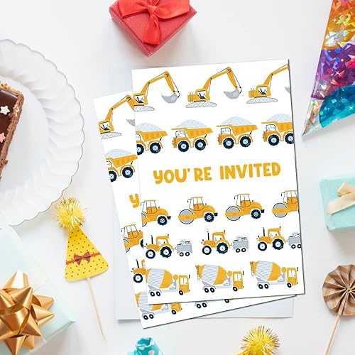Miniatura 5 de Lindas invitaciones para fiesta de 2 cumpleaños con sobres, juego de 20 excavadoras de camiones volquete, construcción de 2 años, invitaciones para