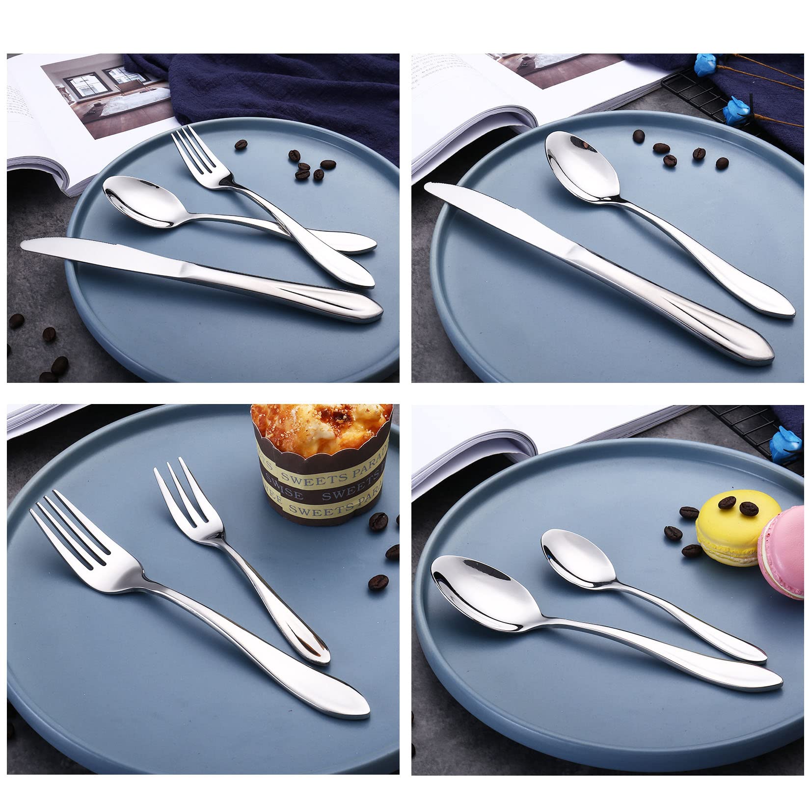 Ensemble D'argenterie, Ensemble De Cuillères À Café Et De Cuillères À Café en Acier Inoxydable, Durables Et Réutilisables,Argent,24pcs