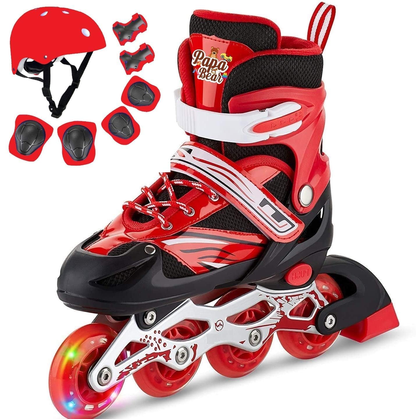 Inline Skates Size Adjustable All Pure PU Strong Wheels Aluminium with LED Flash Light on Wheels, Skating Boy Age Group 6-15 Years Medium Size (39-42 UK) (Skating with Kit)