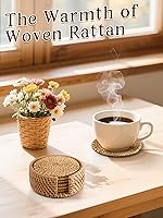 Vista 7 de 6pcs Natural Handmade Rattan Coasters with Holder - Wicker Drink Coasters Set for Protecting Table, Housewarming Gifts Boho Home Decor