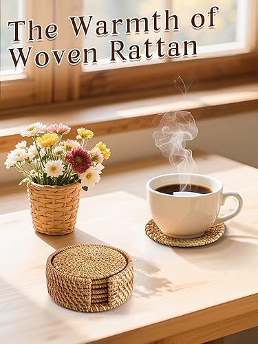 Miniatura 7 de 6pcs Handmade Rattan Coasters with Holder, Natural Wicker Boho Coasters Set, Heat-resistant Drink Coasters for Coffee Table Housewarming Gifts Hot