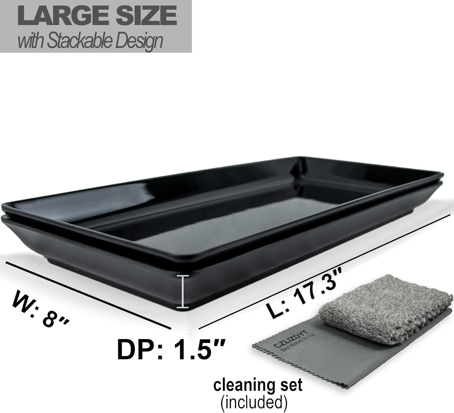 Long Melamine Serving Tray for Appetizer, Charcuterie, Bread, Fruit, Dessert, Stackable, Set of 2, Black, 17.3x8x1.5 inch - Image 2