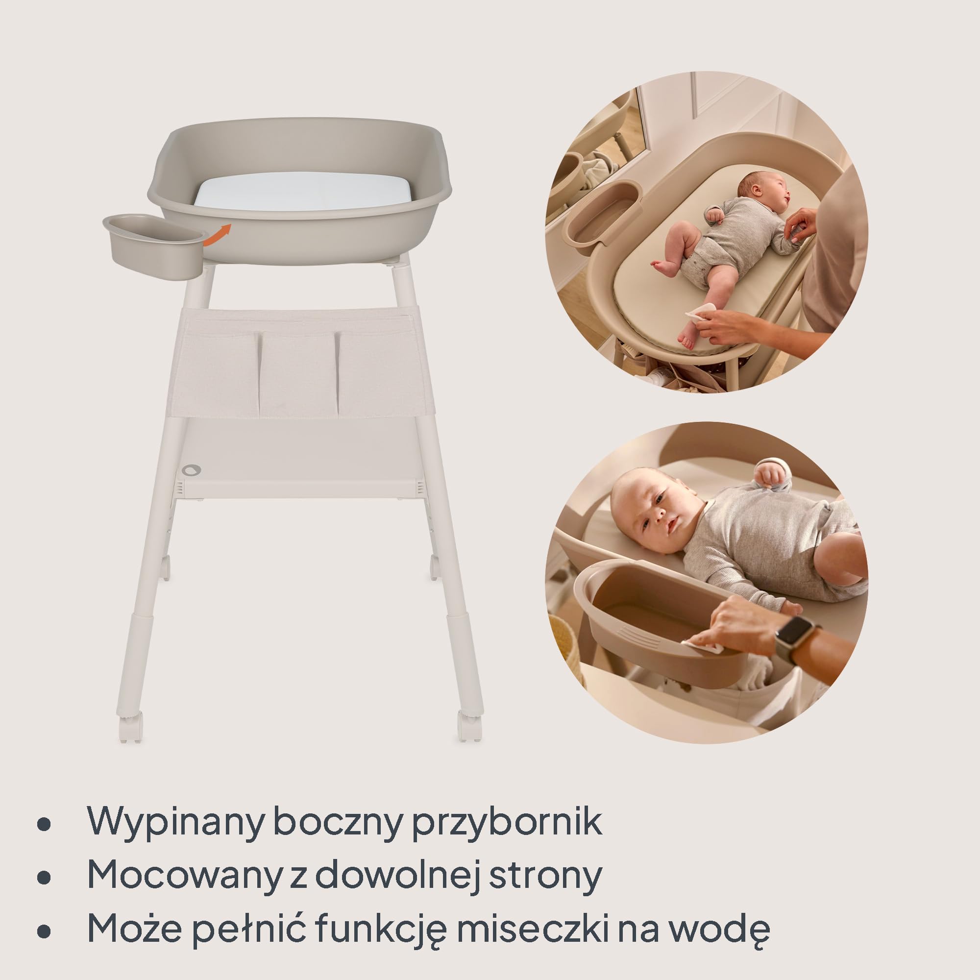 Lionelo Rosie mobilny stolik do przewijania dla niemowląt z regulowaną wysokością, wodoodporna mata piankowa 2 cm, kółka z hamulcami, boczny pojemnik na wodę i organizer z tkaniny, stabilna