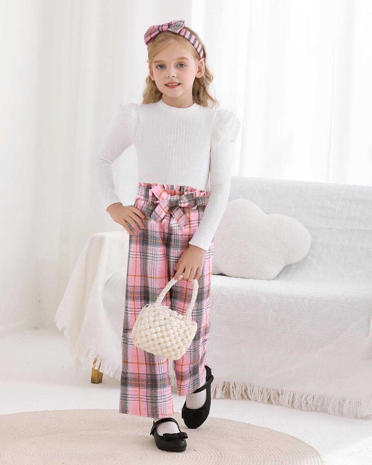 Toddler Girl Clothes Sets: 3 Piece Puff Sleeve Ribbed Top Wide Leg Pants Sets with Headband Fall Outfits 2-8 Years - Image 7