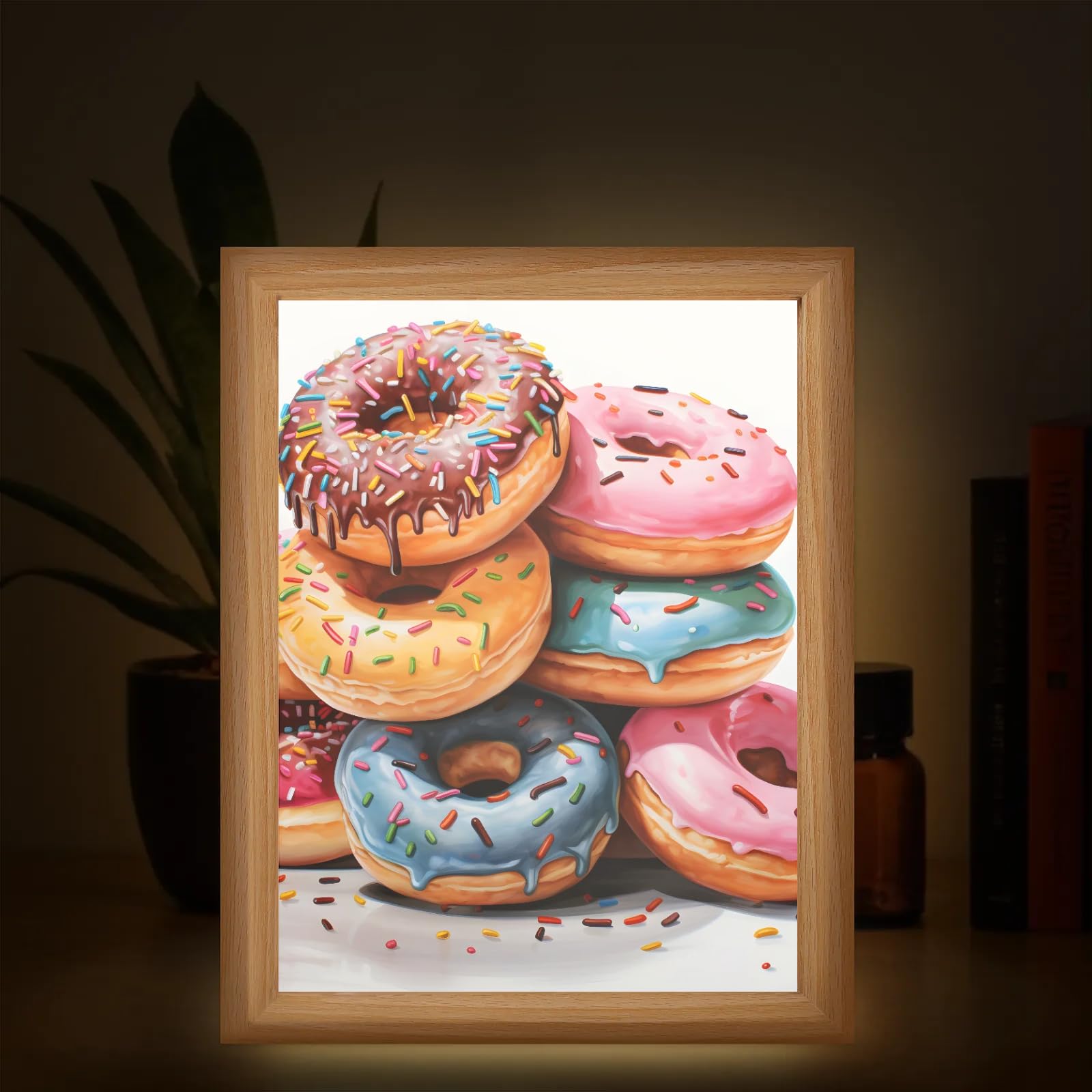 Light Up Painting, Chocolate Donut Wall Art Picture Light Glitter Donut Light Up Desktop Art Frame, 10 Brightness, USB Powered, 3 Lighting Modes, Anxiety Relief Decor Gift for Bedroom Home