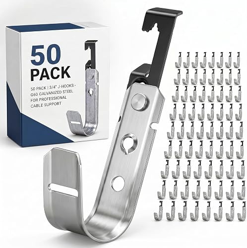 Zonon 50 Pcs Metal J Hooks Cable Support J Hook Hangers with Bat Wing Heavy Duty G60 Galvanized Steel Cable Hooks for Hanging Attaching Ceiling Wire Threaded Rod, UL Listed (3/4 Inch)