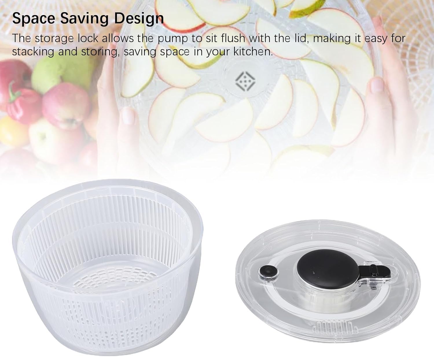 Salad Spinner Large Capacity Transparent Vegetable Washer Dryer - One Handed Pump, Non Slip Base, Space Saving for Easy Kitchen Salad Prep and Storage (58mm)