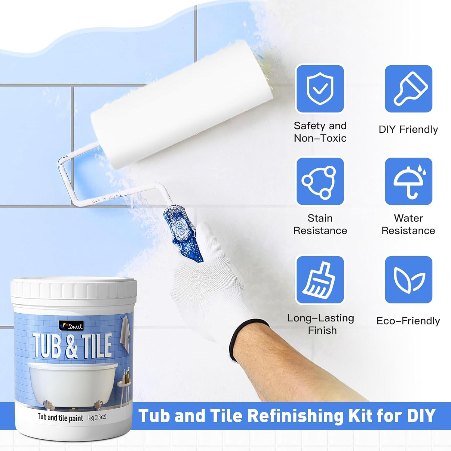 DWIL Tub and Tile Paint 16.5 oz, Tub Paint for Bathtub, Tile Refinishing with Hardener, Water Based, Low Odor, Semi-Gloss White, 25-30sq.ft - Image 9