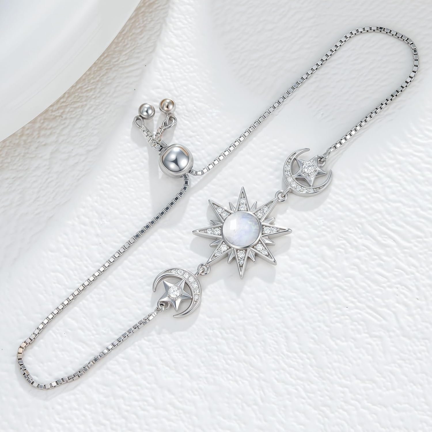 Genuine Moonstone Sun Link Bracelet, Sterling Silver Real Gemstone Healing Adjustable Bracelet Jewelry for Women, 6.5''-7.5'' - Image 6