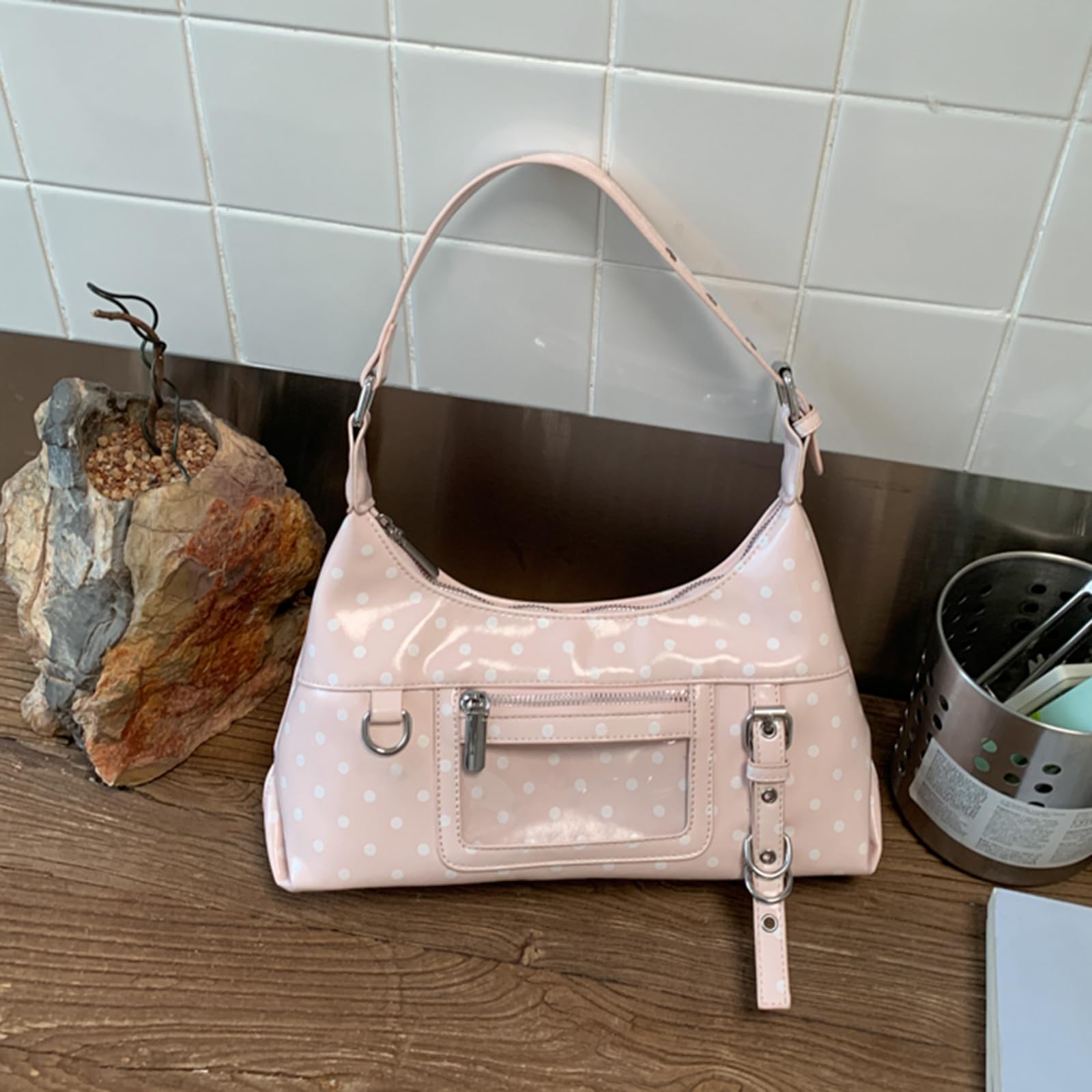 Bolso vintage lunares de piel sintética para mujer, bandolera de viaje