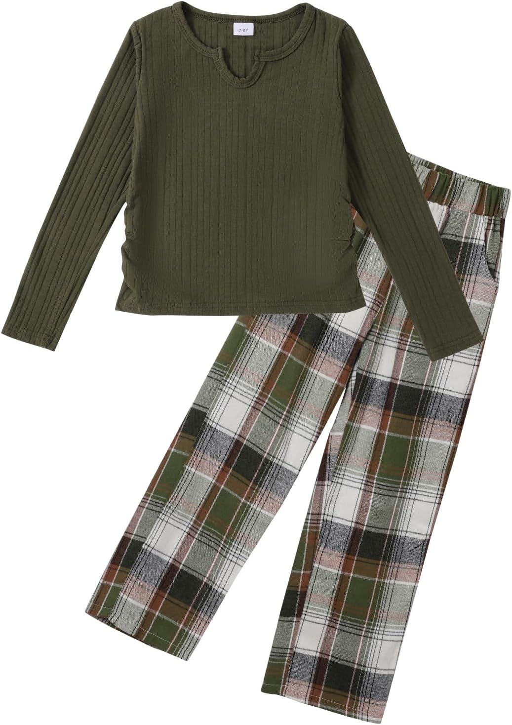 Ochine Girls Long Sleeve Ribbed V Neck Tops Wide Leg Plaid Pants with Pockets Fall Winter 2 Piece Clothes Set