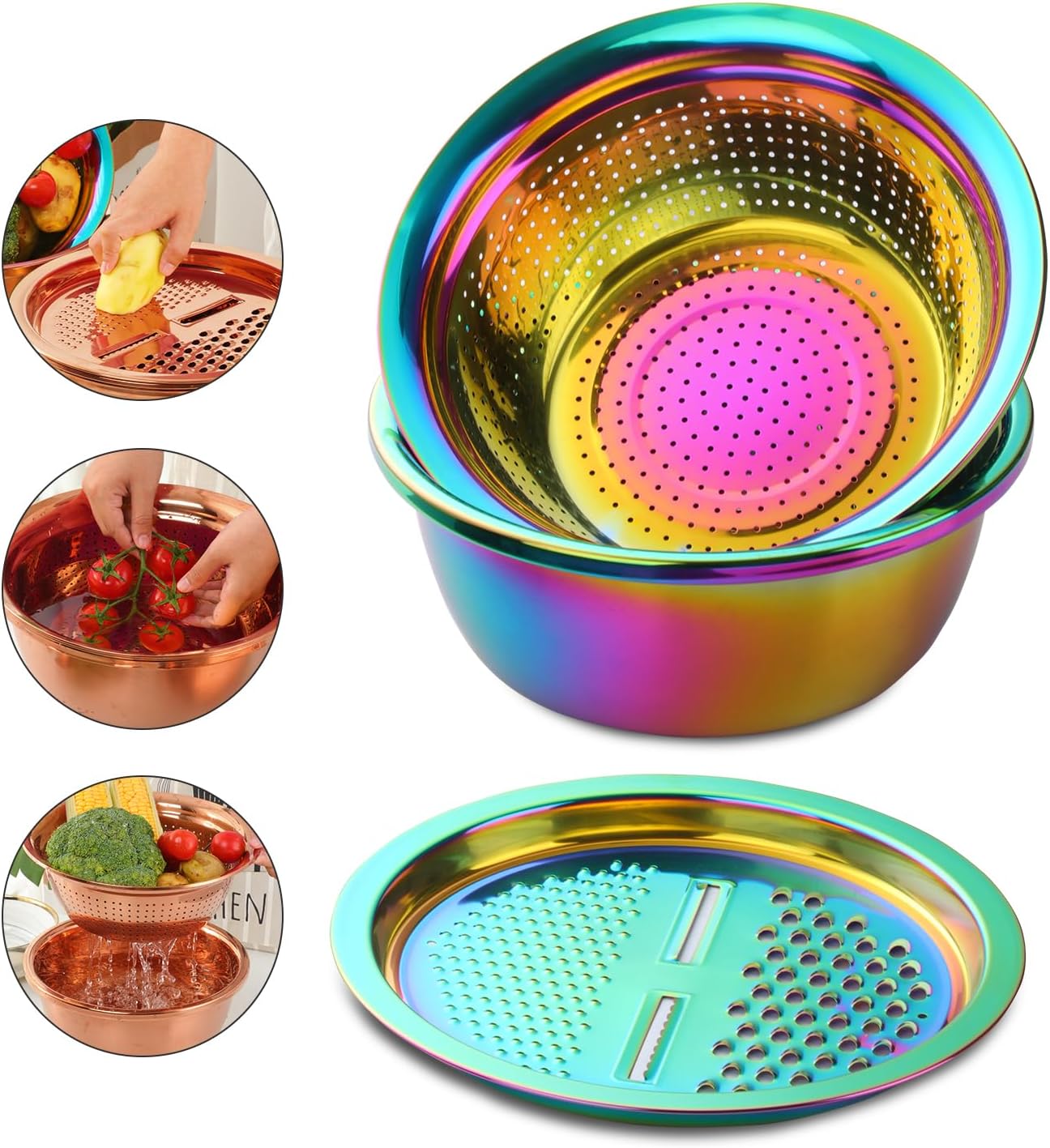 Meisha Colander, 3Pcs Stainless Steel Kitchen Tool 3 in 1 Drain Basket Fruit and Vegetable Cutter Strainer Bowl Set Drain Pot Basket Grater for Fruits Vegetables Rice Washing Mixing, - Iridescent