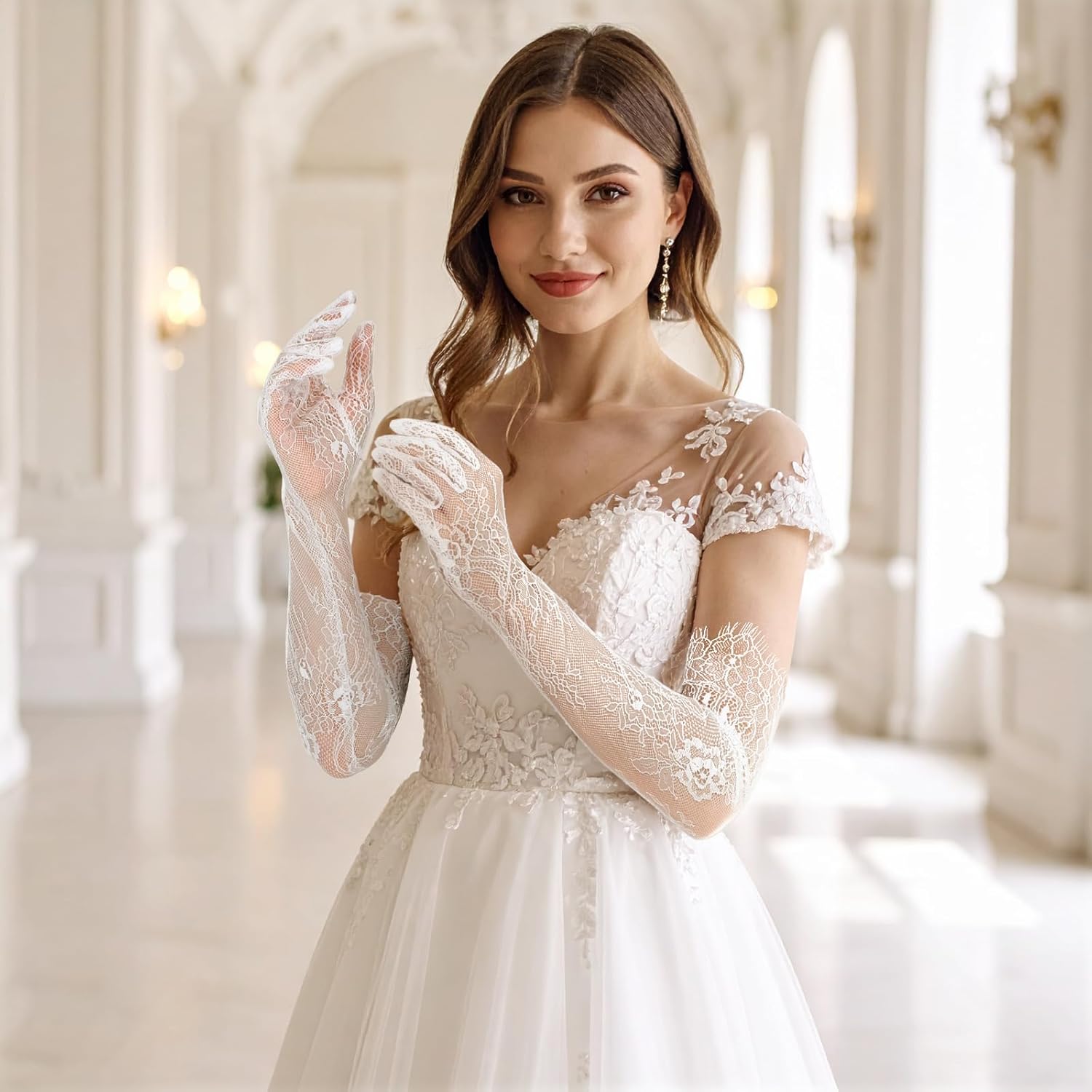 White Lace Gloves, Elegant Long Lace Gloves Women, Floral Mesh Tea Party Glove for Bridal Wedding Engagement Cocktail Cosplay Halloween Accessories (small size) - Image 5