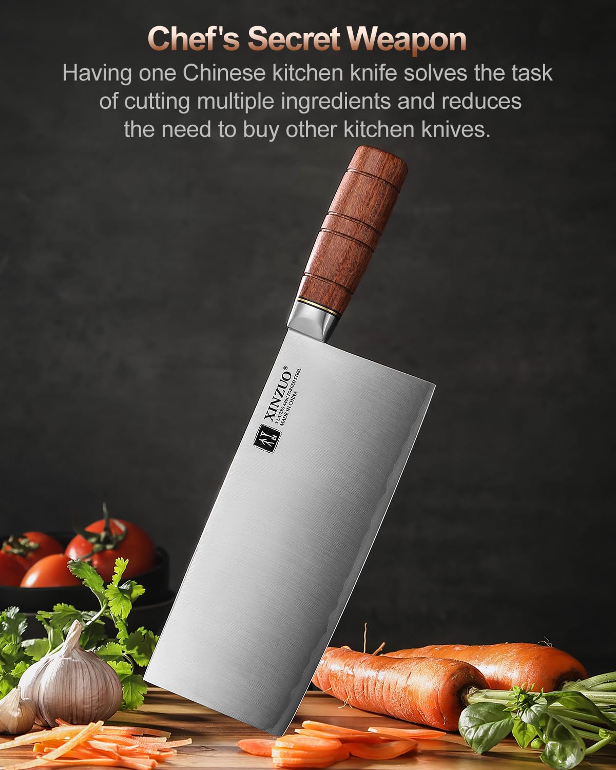 XINZUO 20,5cm Coltello da Cuoco Cinese Acciaio Composito 3 Strati Coltello da Chef Multifunzione -Professionale Acciaio Inossidabile Tagliente Mannaia Cinese -Manico Ergonomico in Red Wood