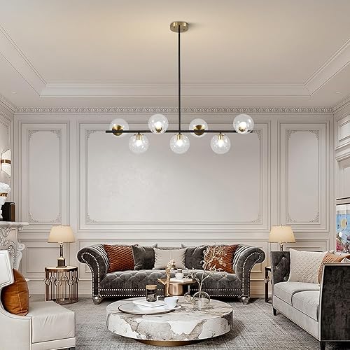 Miniatura 6 de KCO Lámpara de araña de iluminación negra y latón, 7 luces de vidrio transparente, lámpara moderna de globo grande Sputnik, candelabros de casa de