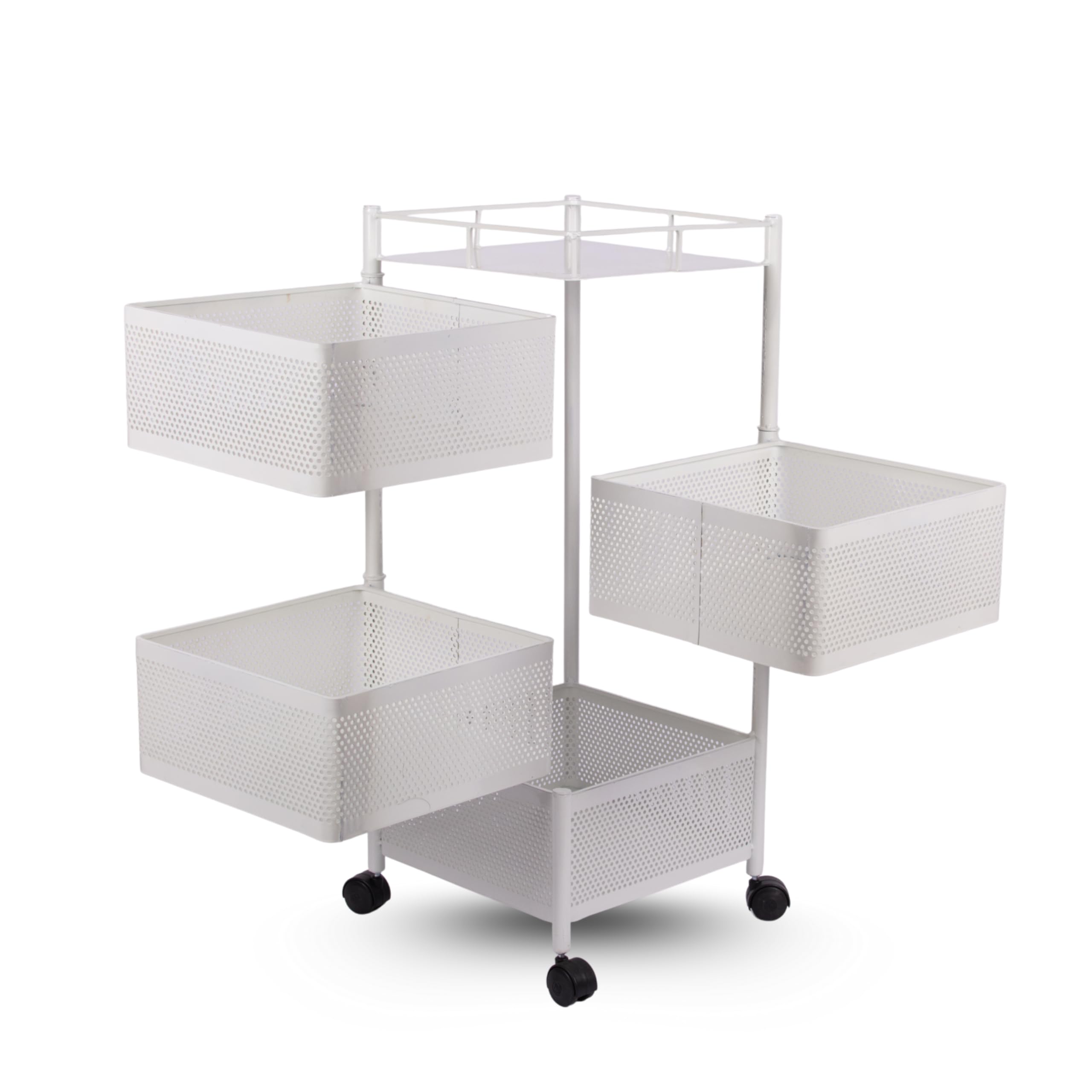 Kitchen Storage Rack | Revolving Vegetable Rack | Square Multipurpose Storage Trolley with Wheels | Metal Fruit Rack (White, 4 Layer)-image-27
