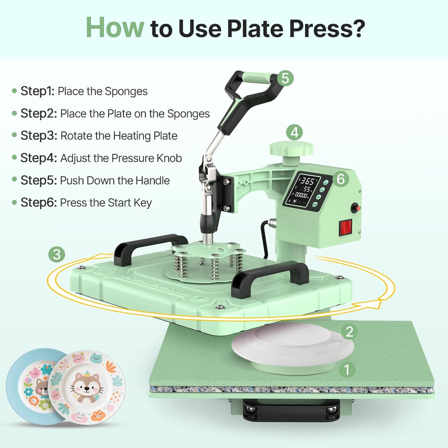 Slendor Heat Press Machine 12x15 inch, 5 in 1 360-Degree Swing Away Digital T Shirt Pressing Machine Multifunction Heat Transfer Sublimation Combo for T Shirts Mugs Hat Plate Cap, Green - Image 9