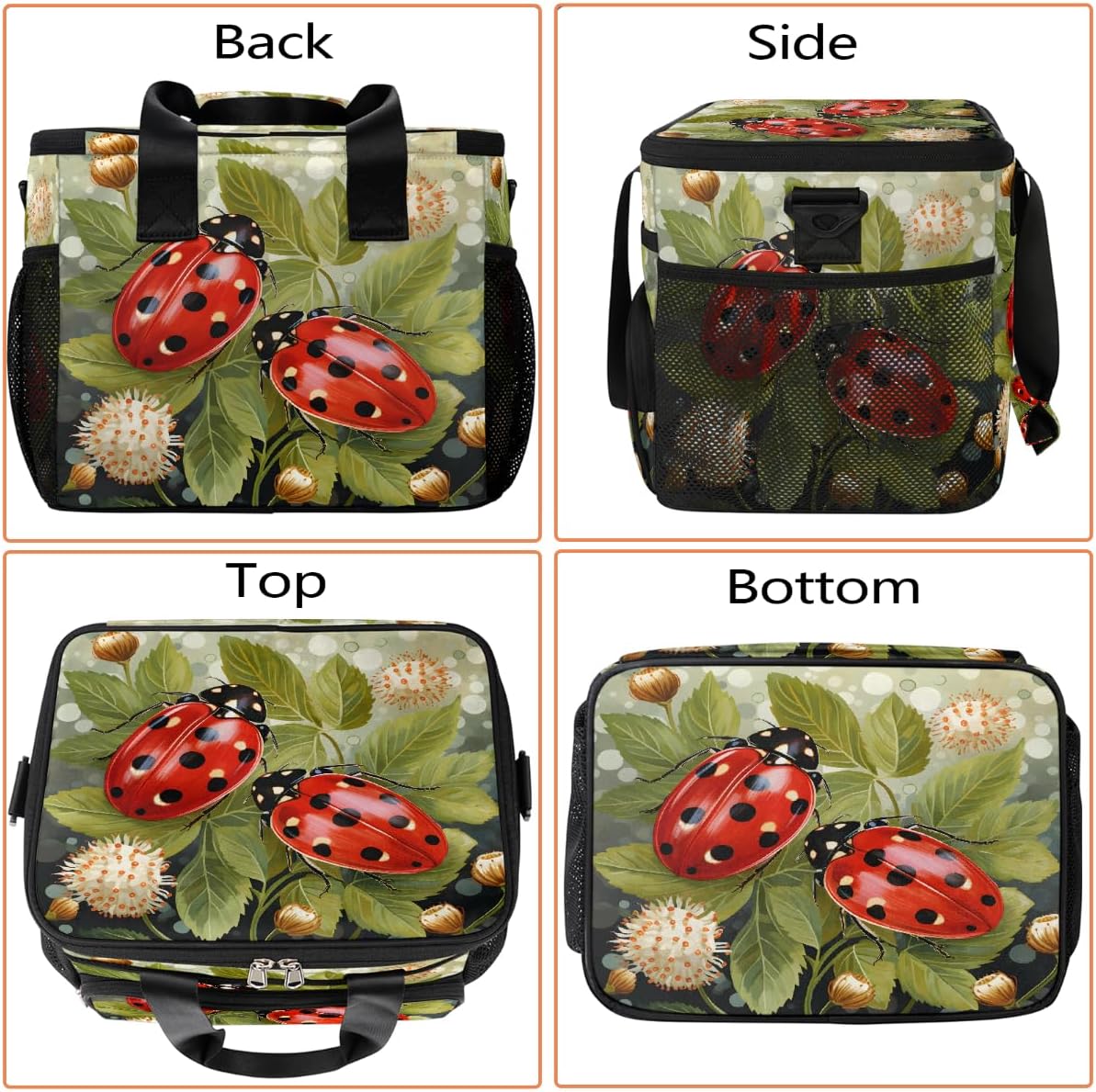 Large Lunch Box for Women Men Insulated Thermal Lunch Tote Bag Green Leaves Ladybug Reusable Cooler Bag Portable Adult Lunchbox Container with Adjustable Strap for Work Picnic