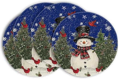 Miniatura 12 de Artoid Mode Juego de 6 manteles individuales redondos de Navidad con diseño de árboles de muñeco de nieve, copos de nieve, manteles individuales