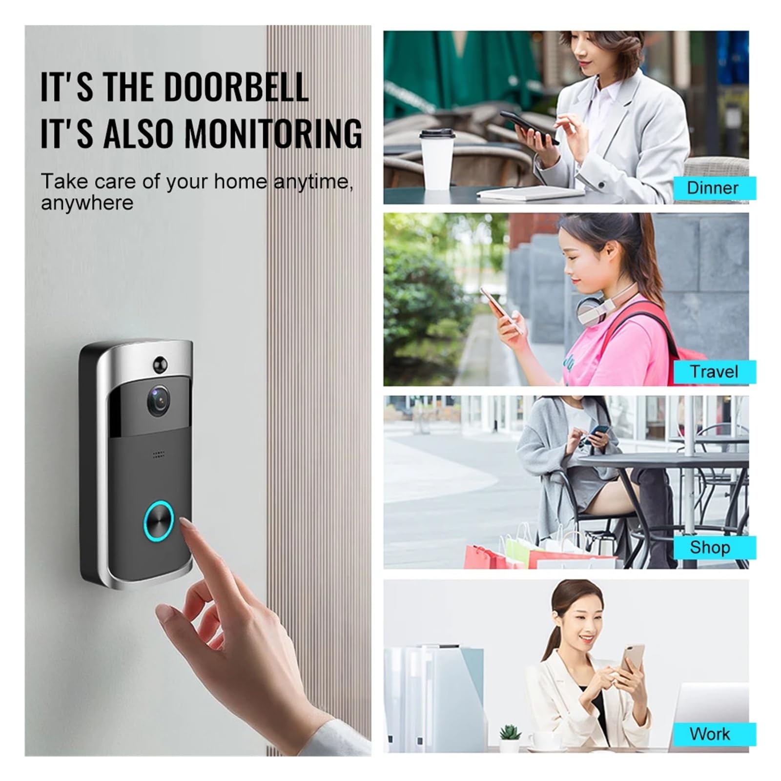 Timbre de vídeo Inteligente con WiFi IP65, Timbre casa Resistente al Agua, intercomunicador Anillo for teléfono, lámparas visión Nocturna 6x850, Alarma Seguridad infrarroja