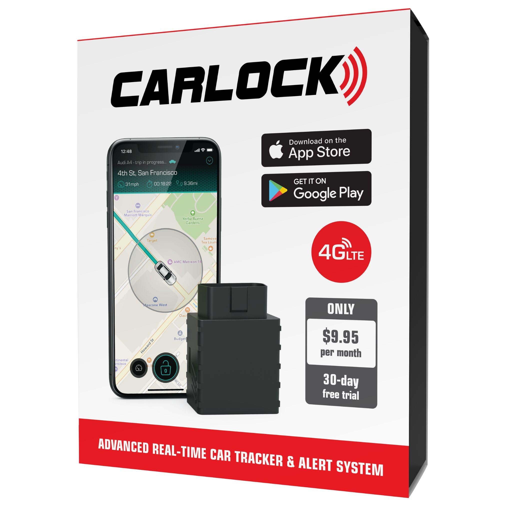 CARLOCK Anti Theft Car Device - Real Time 4G Car Tracker & Car Alarm System. Comes with Device & Phone App. Tracks Your Car in Real Time & Notifies You Immediately of Suspicious Behavior.OBD Plug&Play
