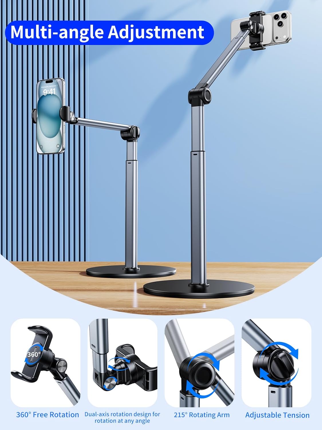 Aluminum Overhead Phone Stand for Recording,Adjustable Phone Mount for Desk,iPhone Tripod for Overhead Shots,Sturdy Holder for Cooking,Crafting,Filming,Painting – Perfect for Creators(Clip)