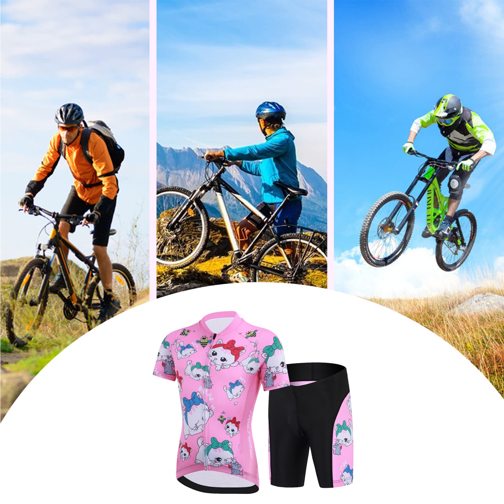 Kinder Radtrikot Set Jungen Mädchen Fahrrad Trikot Schnell Trocknend Kurzarmtrikot Atmungsaktiv Radsport Anzüge Kurzarm +Kurz Radhose mit 3D Sitzpolster
