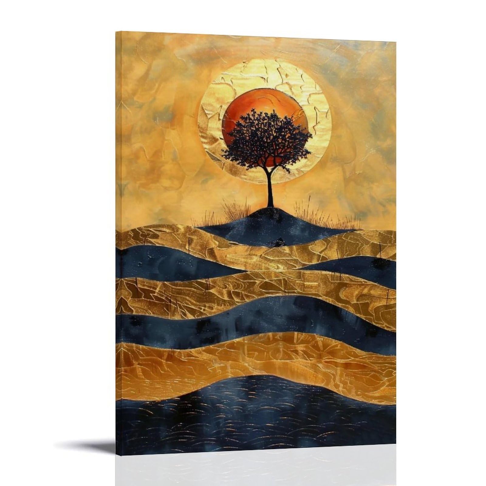 MGHTGRWE Gilded Impasto Minimal Lone Tree Red Sun Rolling Hills 04 Poster Wall Art Canvas Vintage Aesthetic Painting Decor for Rooms 08x12inch Frame-style