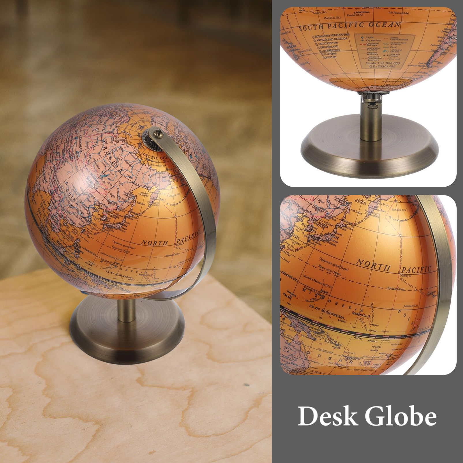 Globo Terráqueo Decorativo Europeo Giratorio Adorno de Mesa para Oficina Hogar Enseñanza Geografía Diseño Elegante y Material Abs y Aleación