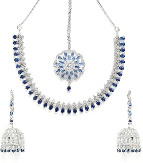 KENNICE Jewellery Sparkling American Diamond Collar Necklace with Designer Jhumka/Jhumki Earrings Maang Tikka for Women an... Price In India