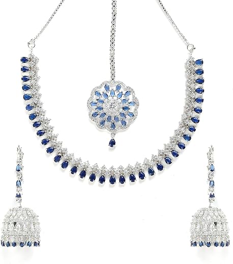 KENNICE Jewellery Sparkling American Diamond Collar Necklace with Designer Jhumka/Jhumki Earrings Maang Tikka for Women an...