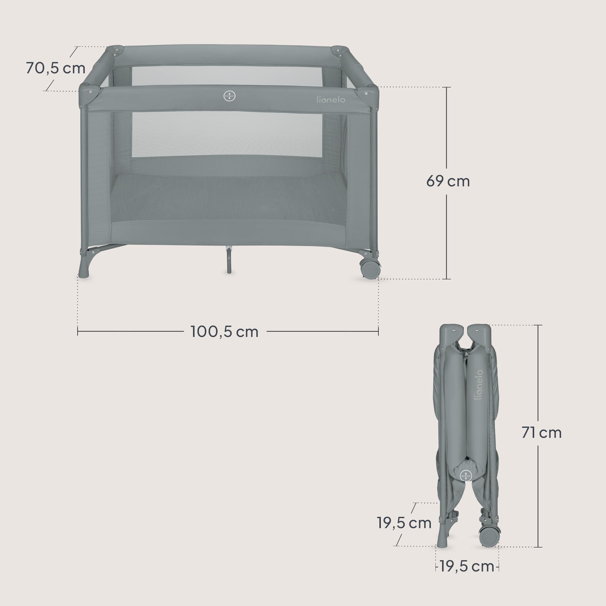Lionelo Cuna de viaje para bebé Amelie desde el nacimiento hasta los 15 kg, Pequeña, Plegable, Colchón blando plegable, 100,5x70,5 cm, 2 ruedas, Entrada lateral, Bolsa de transporte