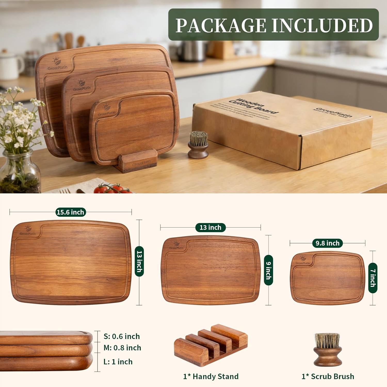 Dark Oak Wood Cutting Boards for Kitchen (Set of 3), Heavy Duty Chopping Board with Deep Juice Groove, Reversible Designed, Storage Stand & Oiling Brush