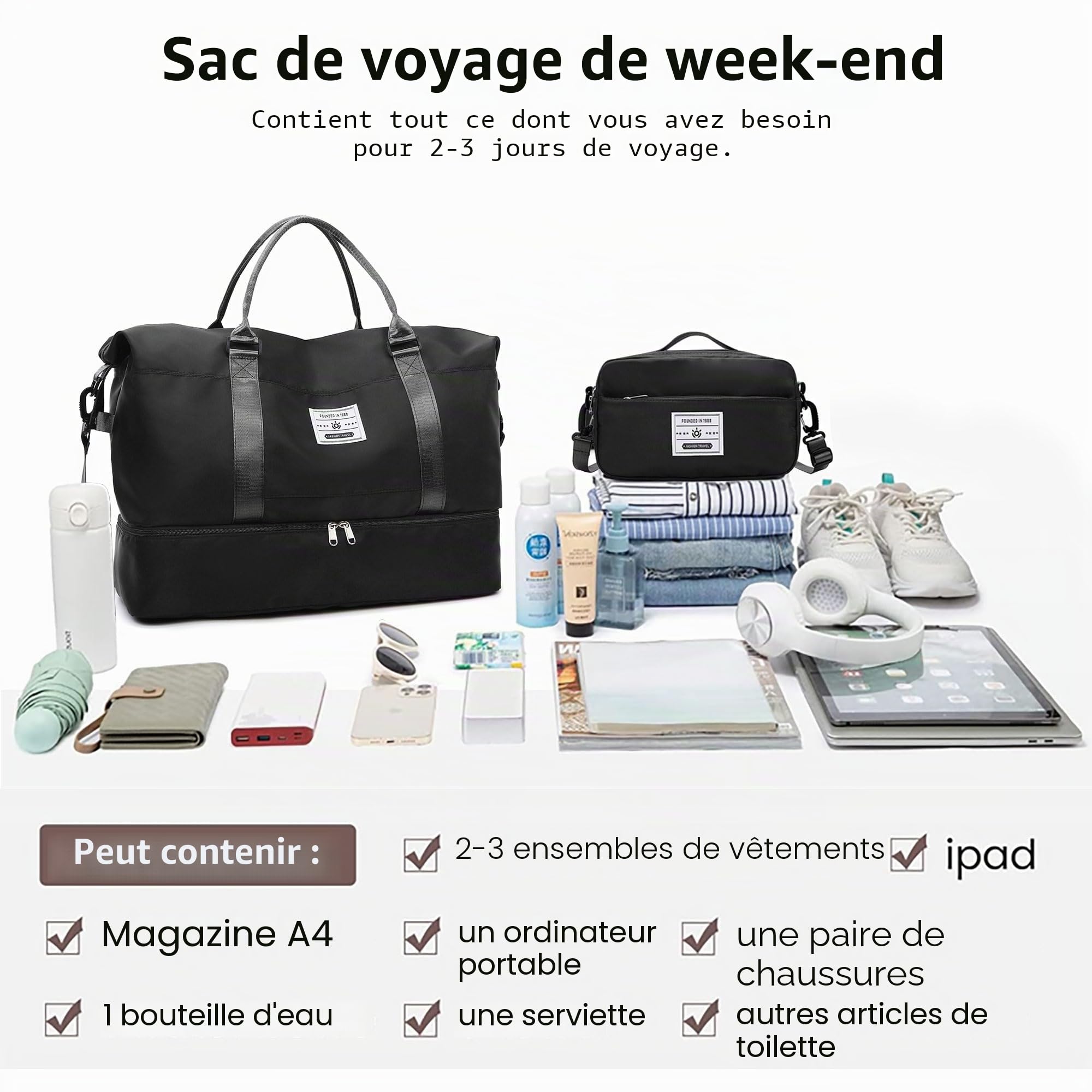 Sac de Voyage Sac de Bagage à Main Sacs de Sport Grand Format Sac de Sport Imperméable Sac à Dos Weekend avec Compartiment à Chaussures et Sacoche pour Femme Homme (Noir)