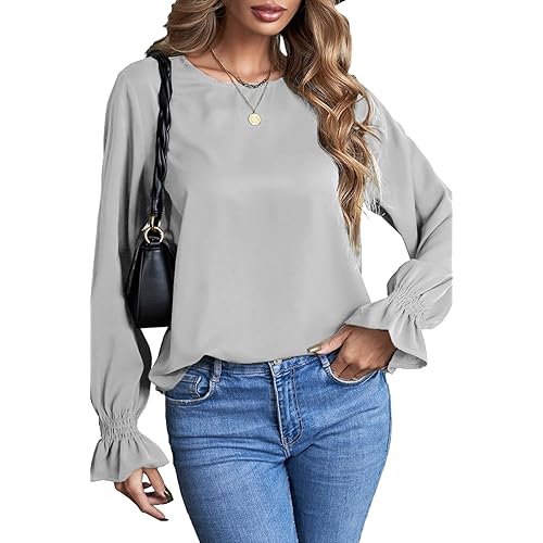 Dokotoo Long Sleeve Shirts for Women 2024 Fashion Fall Ruffle Bubble Sleeve Casual Loose Tops and Blouses