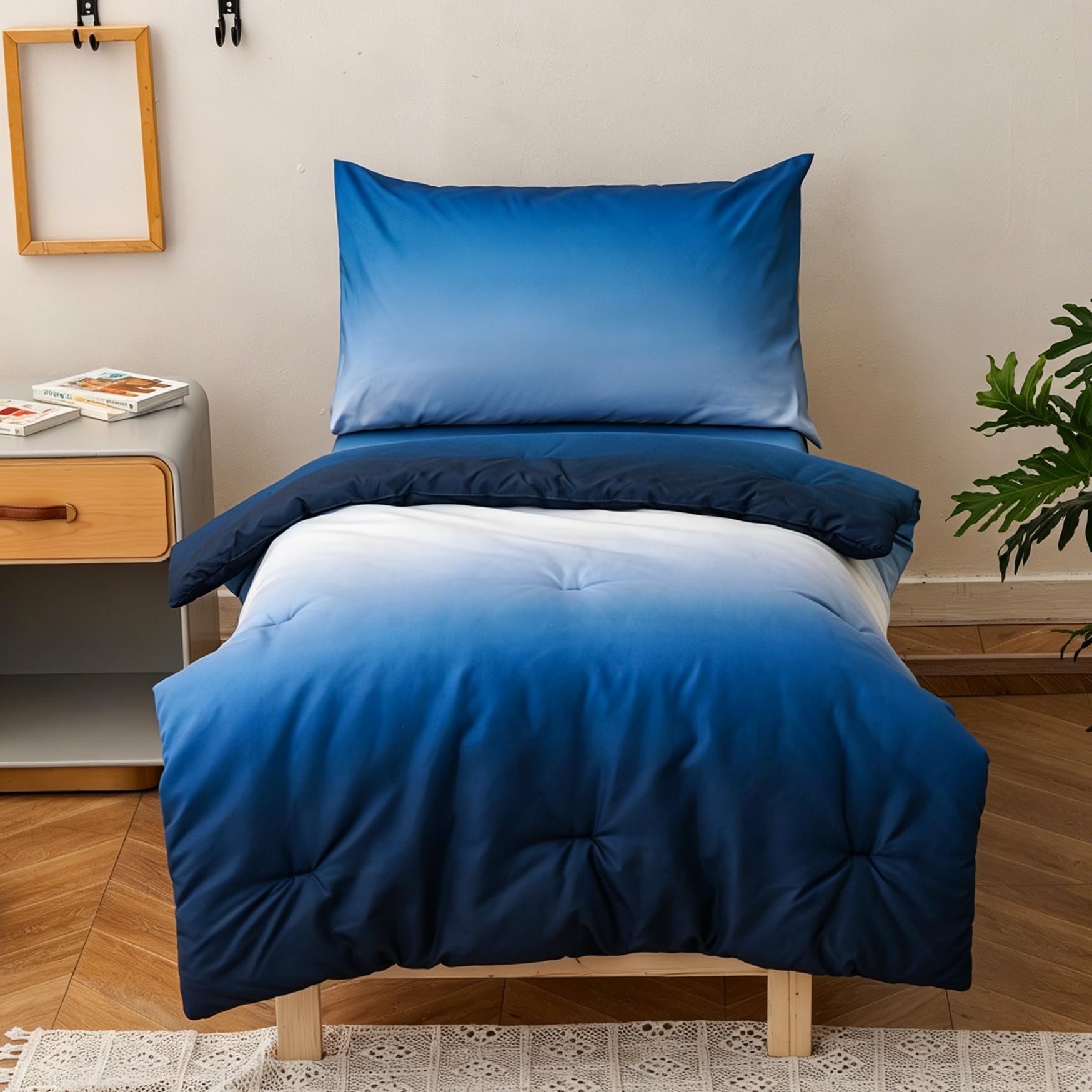 KAREVER Gradient Blue Toddler Bedding Set Ombre White Blue 4 Pieces Crib Bed Set Kids Bluey Comforter Set