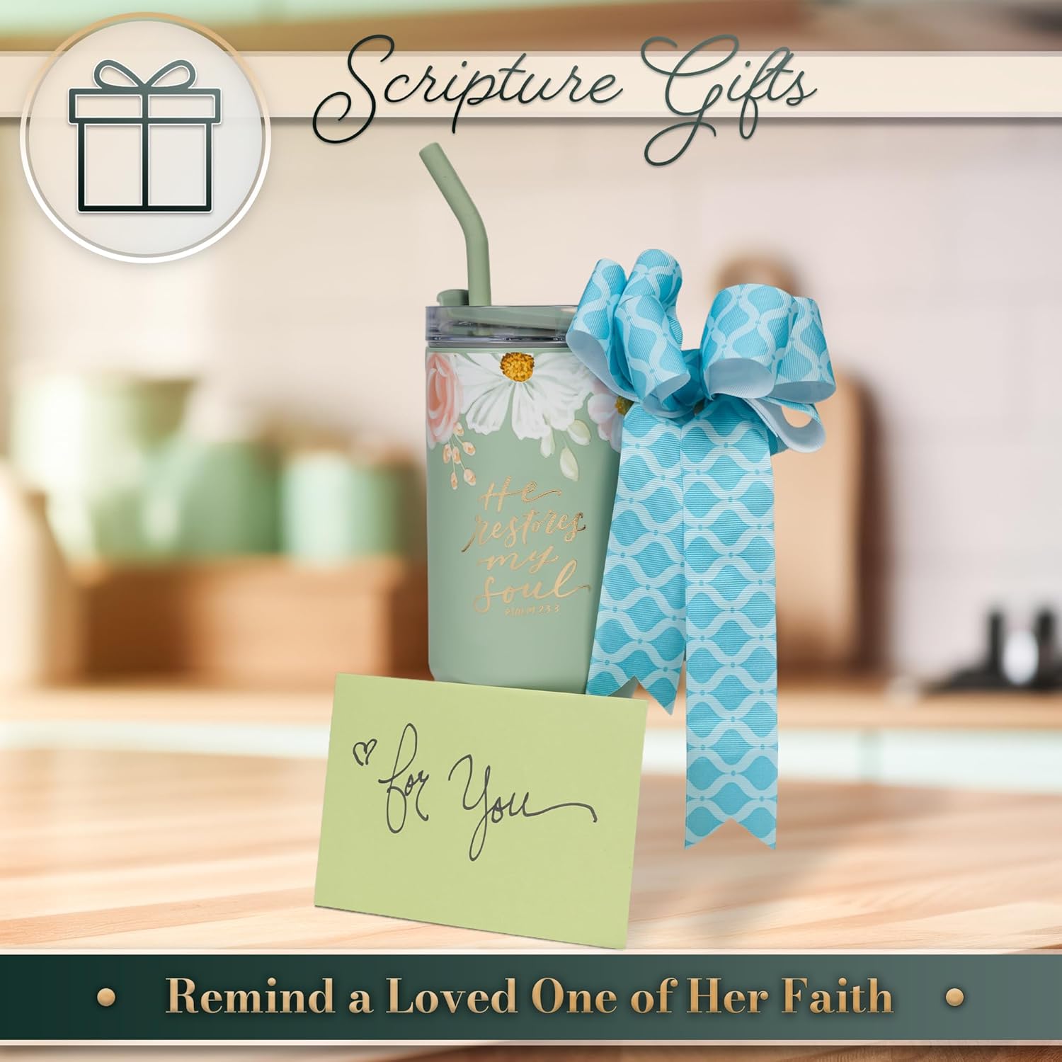 Christian Art Gifts Inspirational Stainless Steel Double-Wall Insulated XL Travel Mug Tumbler Thermos for Women: He Restores My Soul Scripture, Reusable Straw, Twist Lid, Light Green Floral, 40 oz. - Image 8