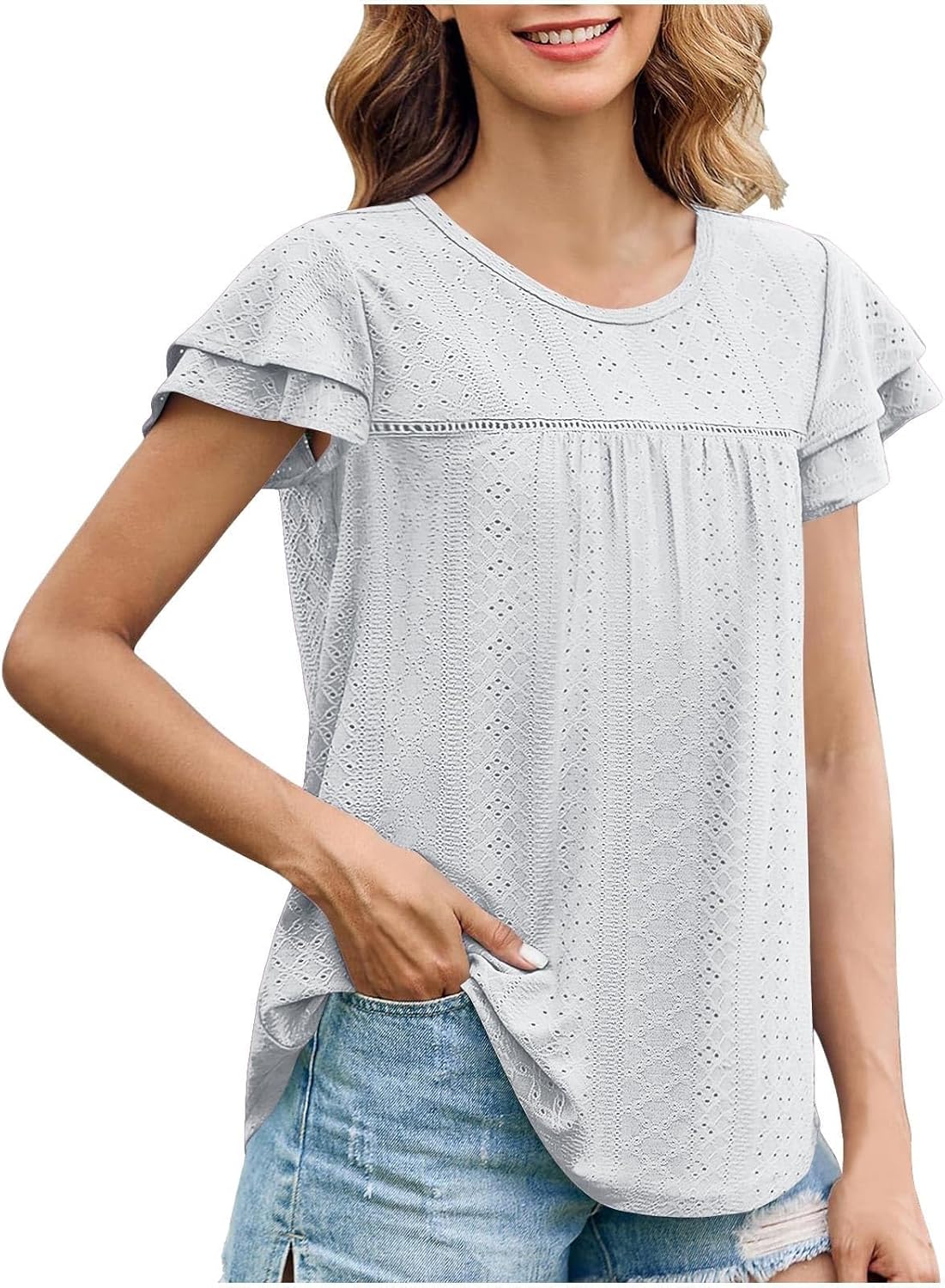 Eyelet Tops for Women Summer Flowy Trendy Crewneck Shirts Ruffle Sleeve Blouses Loose Comfy Beach Large Women's Tops