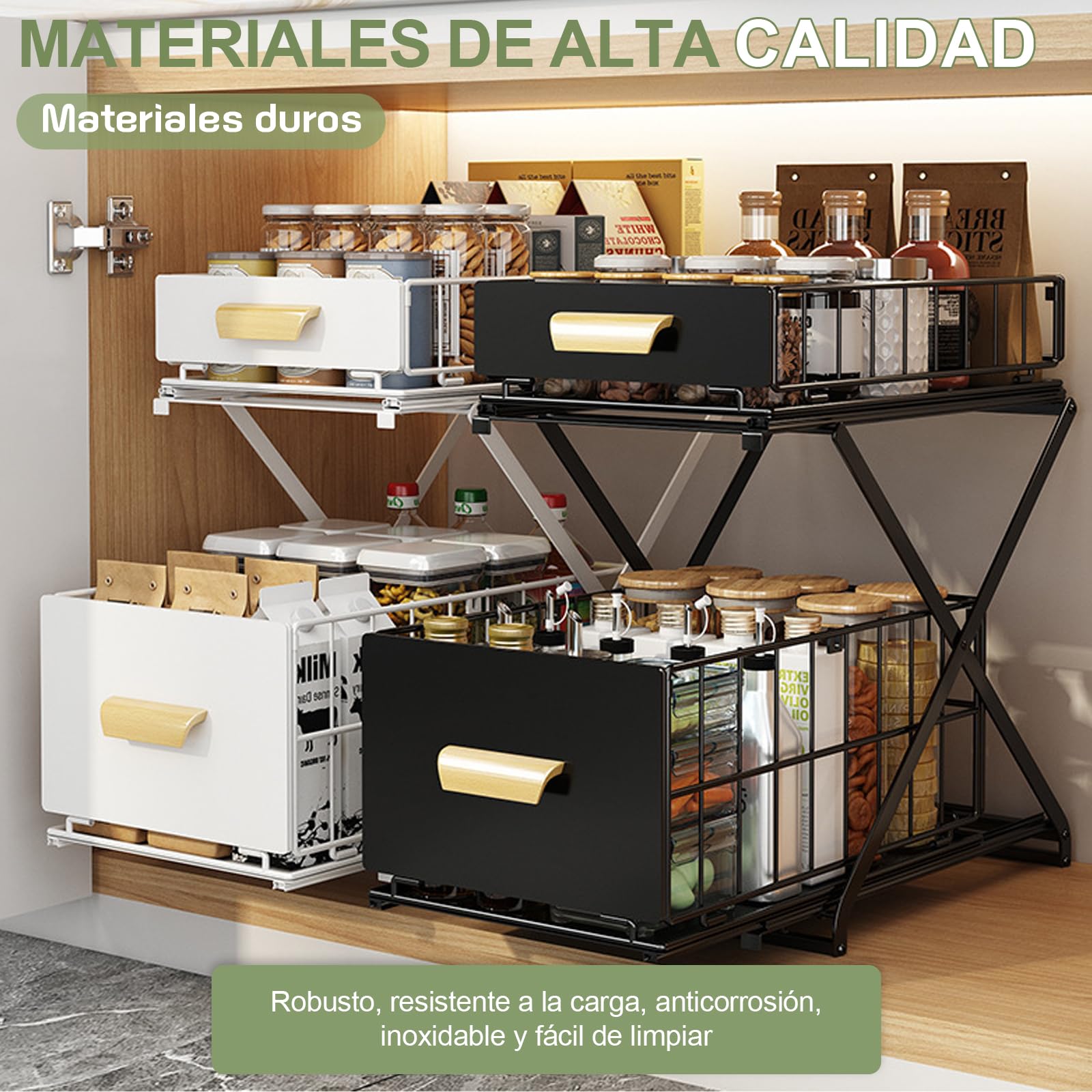 Organizador Bajo Fregadero 2 Niveles Metal Deslizable Negro | Estante de almacenamiento debajo del fregadero para cocina y baño, altura ajustable (40 x 26 x 39 cm)