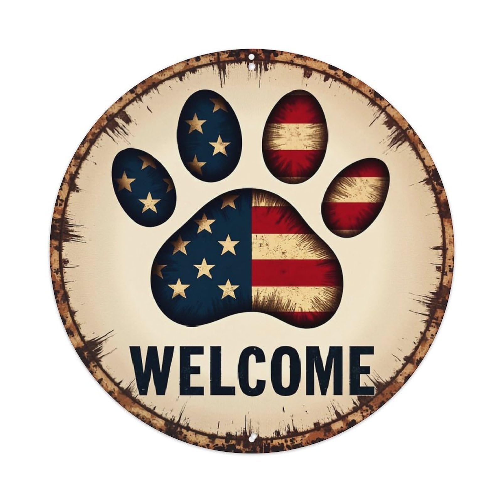 Paw Print American Flag Welcome Sign Vintage Metal Tin Sign Retro Wall Decor for Home Bar Garage Cafe, Indoor & Outdoor Decorative，circle Metal Poster, 8x8 Inch