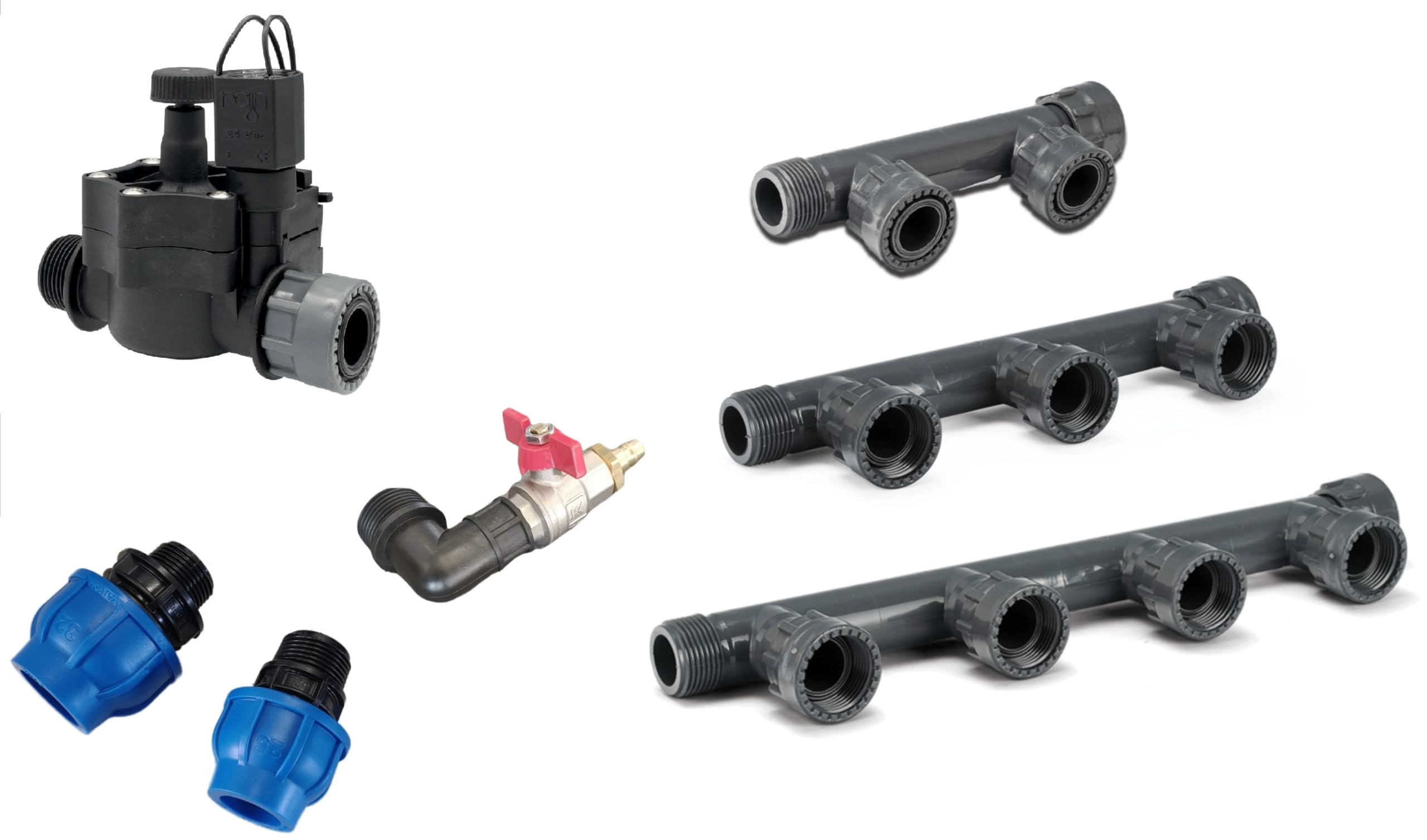 Rain Verteiler 2-fach 3-fach 4-fach 5-fach 6-fach Ventilverteiler 1" SET mit Magnetventil RN155 Plus IG Kupplungen DN25 DN32 Druckluftanschluss und Ventil (DN25, Verteiler 4-fach)
