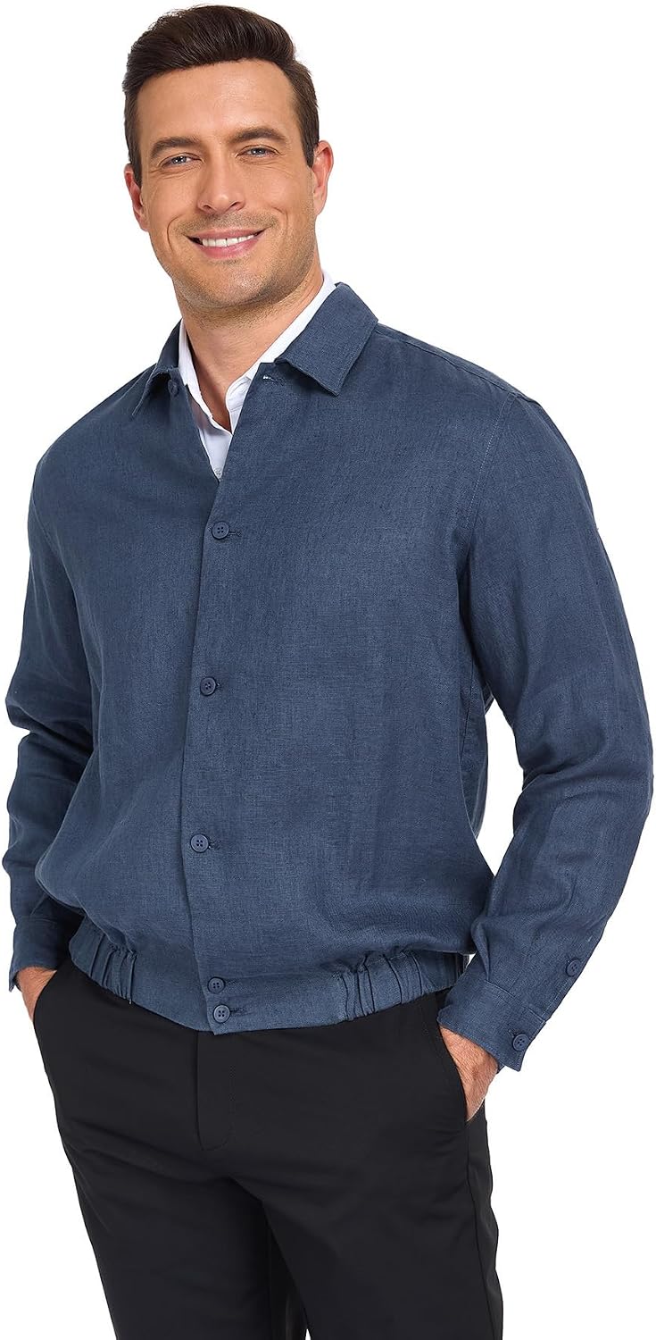 Men's 100% Linen Long Sleeve Button Down Jacket | Lightweight Fall Coat, Daily Casual, Old Money Style