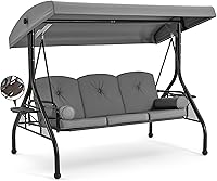 HOMREST 3-Seater Outdoor Porch Swing with Stand, 1.5" Deep Cup Holders, Adjustable Canopy, Thick Cushions, Converts to Bed - Grey