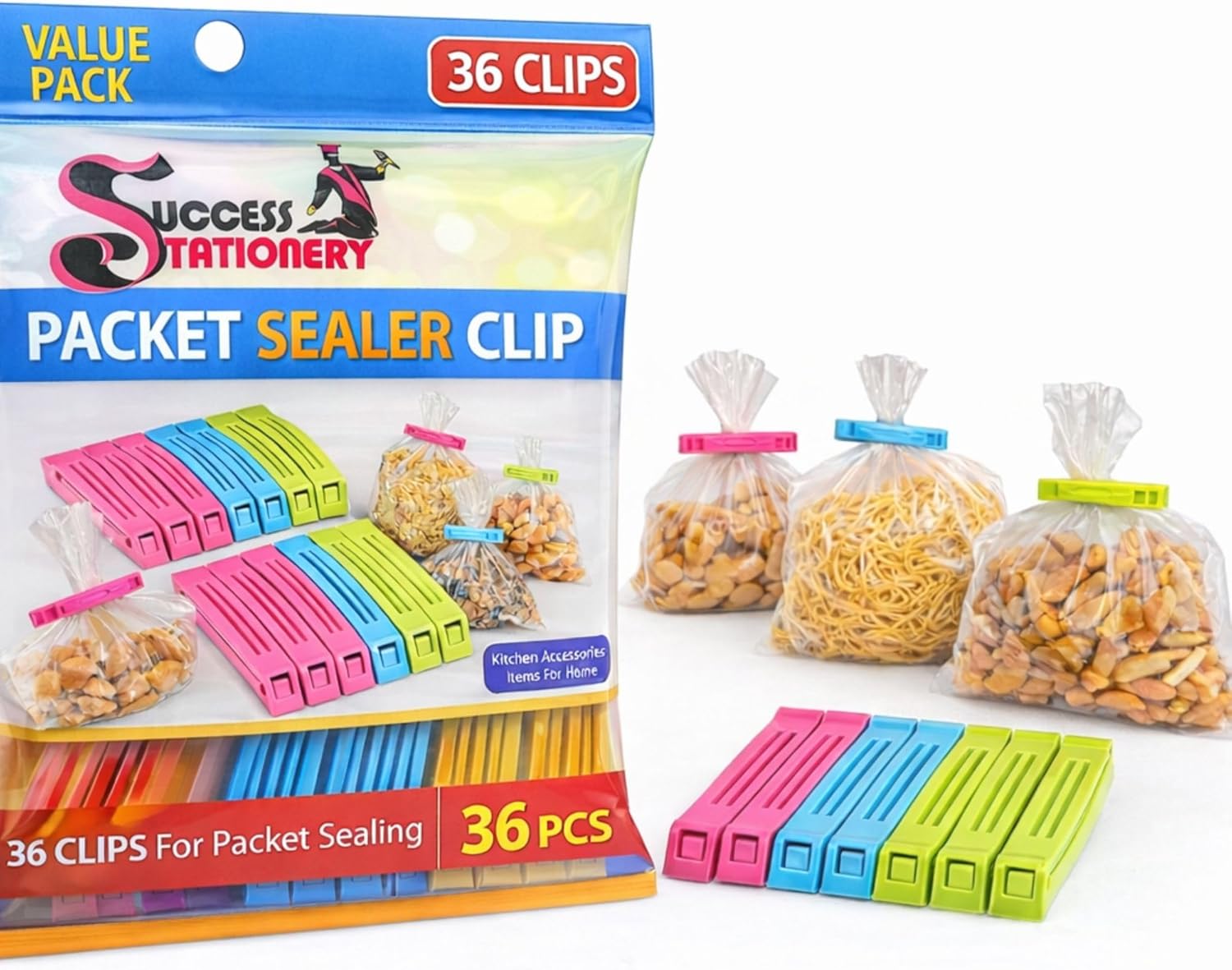 (Set of 18 Pcs X 2 36 Pcs) - Home Kitchen Plastic Food Snack Bag Pouch Clips for Packet Sealing Tools 3 Size Large Medium Small Items Bag Clips Vacuum Sealer (Multi color set)