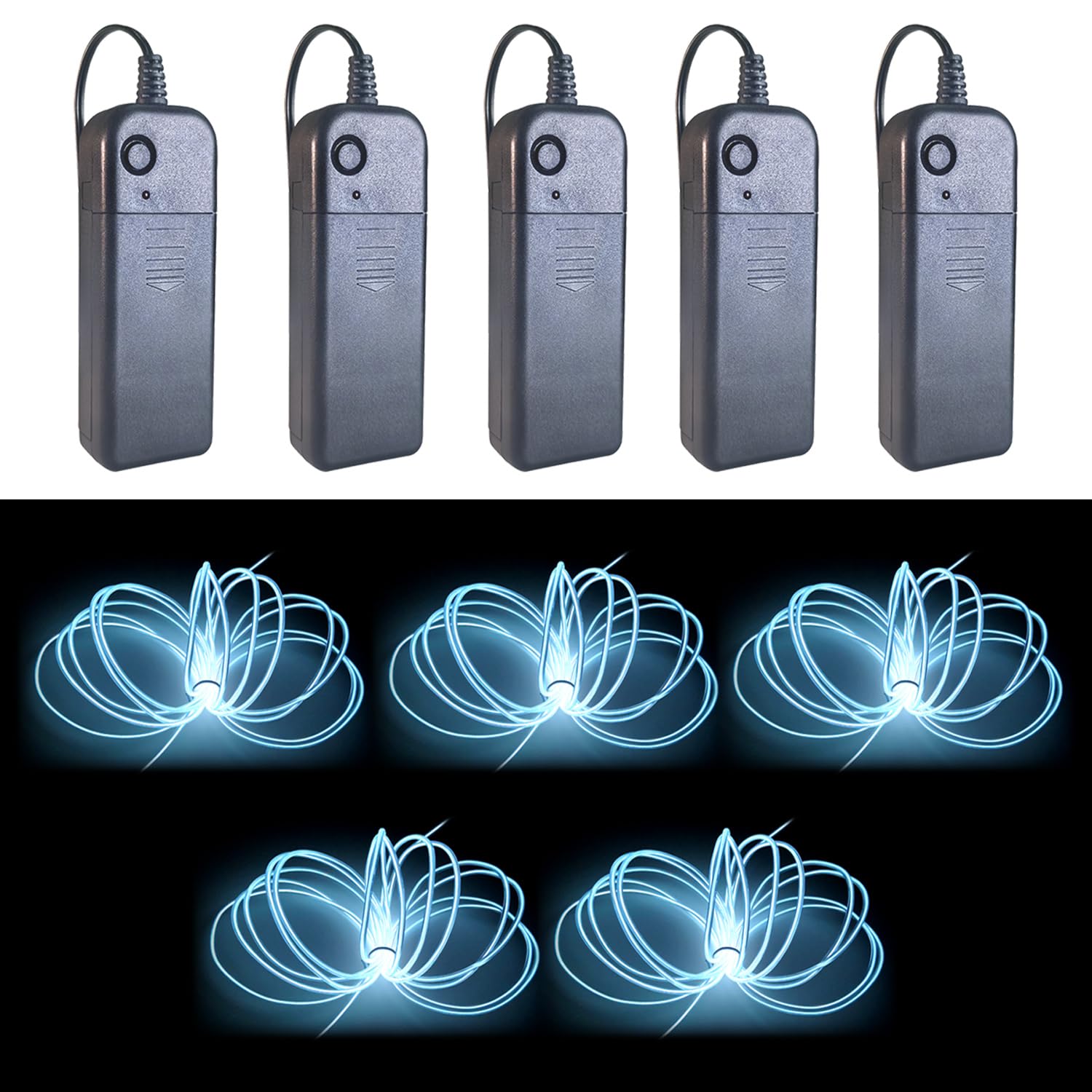 Gcidto EL Wire 5-Colour Pack, 9ft（2.75m） Neon Light Wire 5‑Pack with Noise Reduction & Controller Pack for Halloween Décor & DIY. (White)